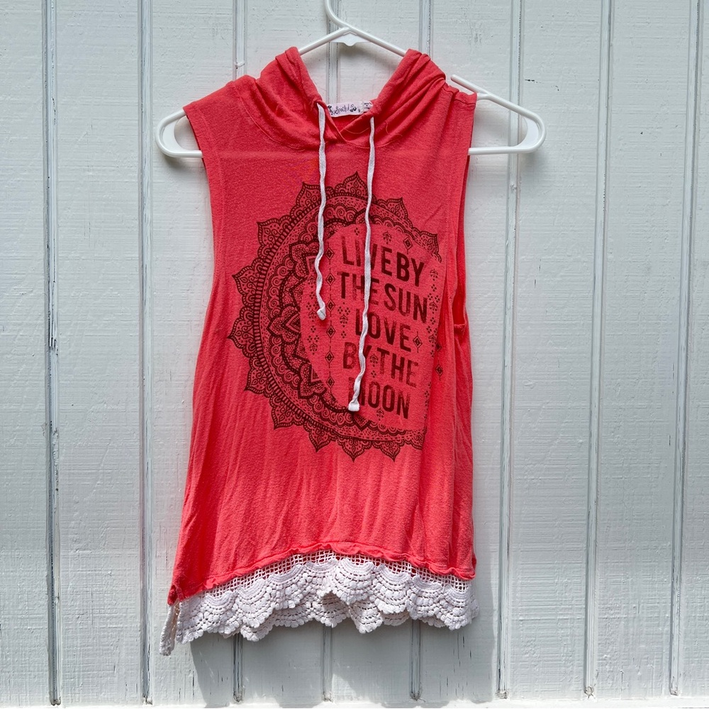 Spoiled: Coral Colored Sleeveless Hoodie with Crochet Hem. Women’s Size Small.